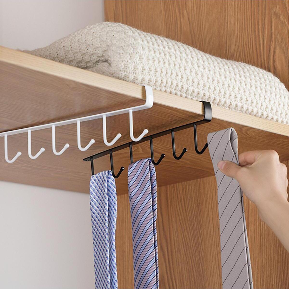 (Without Screws) Cup Hook Shelf, 1 Count Multifunctional Under Cabinet 6 Hooks Cup Storage Rack, Home Organizer for Kitchen Bathroom Bedroom, Wall Mounted Organizer