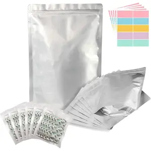 50Count 1 Gallon Mylar Bags for Food Storage with Oxygen Absorbers 500CC (6 counts of 10Count) and Labels, 10 Mil Zipper Pouches Resealable and Heat Sealable for Long Term Food Storage (50 Bags)