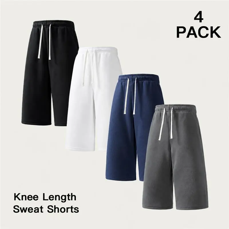 Men's 4 Pack Knee Length Sweat Shorts, Multiple Color Combination Set, Soft Relaxed Fit Drawstring Elastic Waist Lounge Shorts with Pockets for Gym, Weekend Trips, Exercise and Everyday Wear