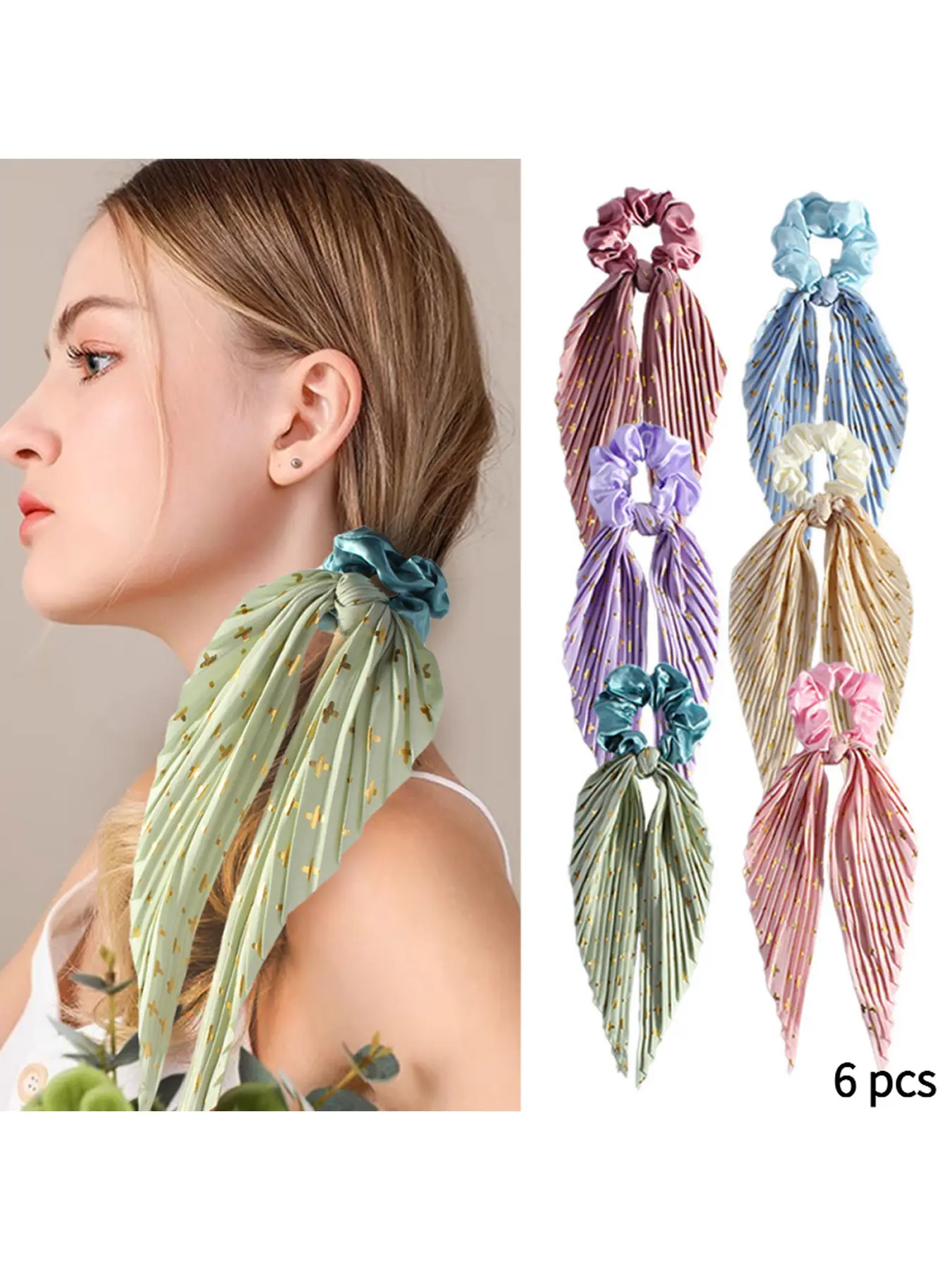 Elegant Long Scrunchie with Vintage Folded Ribbon, Handmade Crease Hair Tie Ponytail Holder Hair Accessories for Women