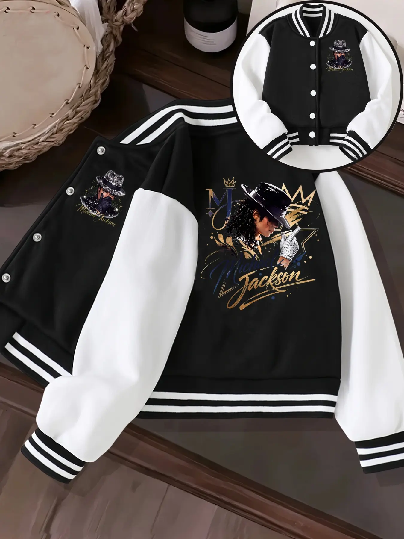 Michael Jackson Print Jacket, Casual Loose-Fit Outerwear, Graphic Baseball Coat, Unisex Retro Street Style, All Seasons