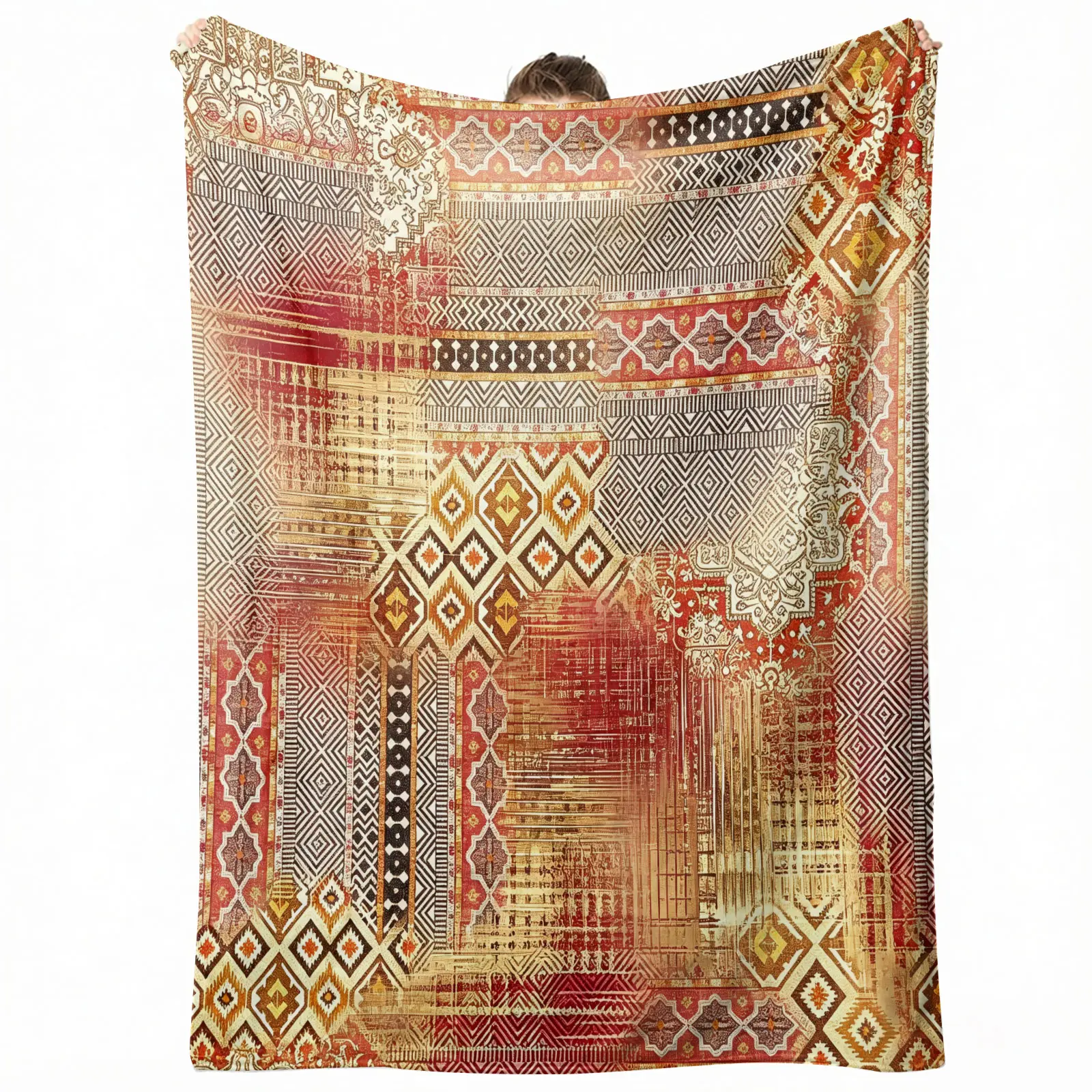 60*50 Inch Vintage Red Gold Aztec Kilim Patchwork Flannel Fleece Throw Blanket, Ultra Soft Anti-Pilling Lightweight Plush Blanket, Distressed Western Tribal Geometric Print Cozy Blanket for Sofa Bed, Boho Southwestern Farmhouse Aesthetic Home Decor Gift