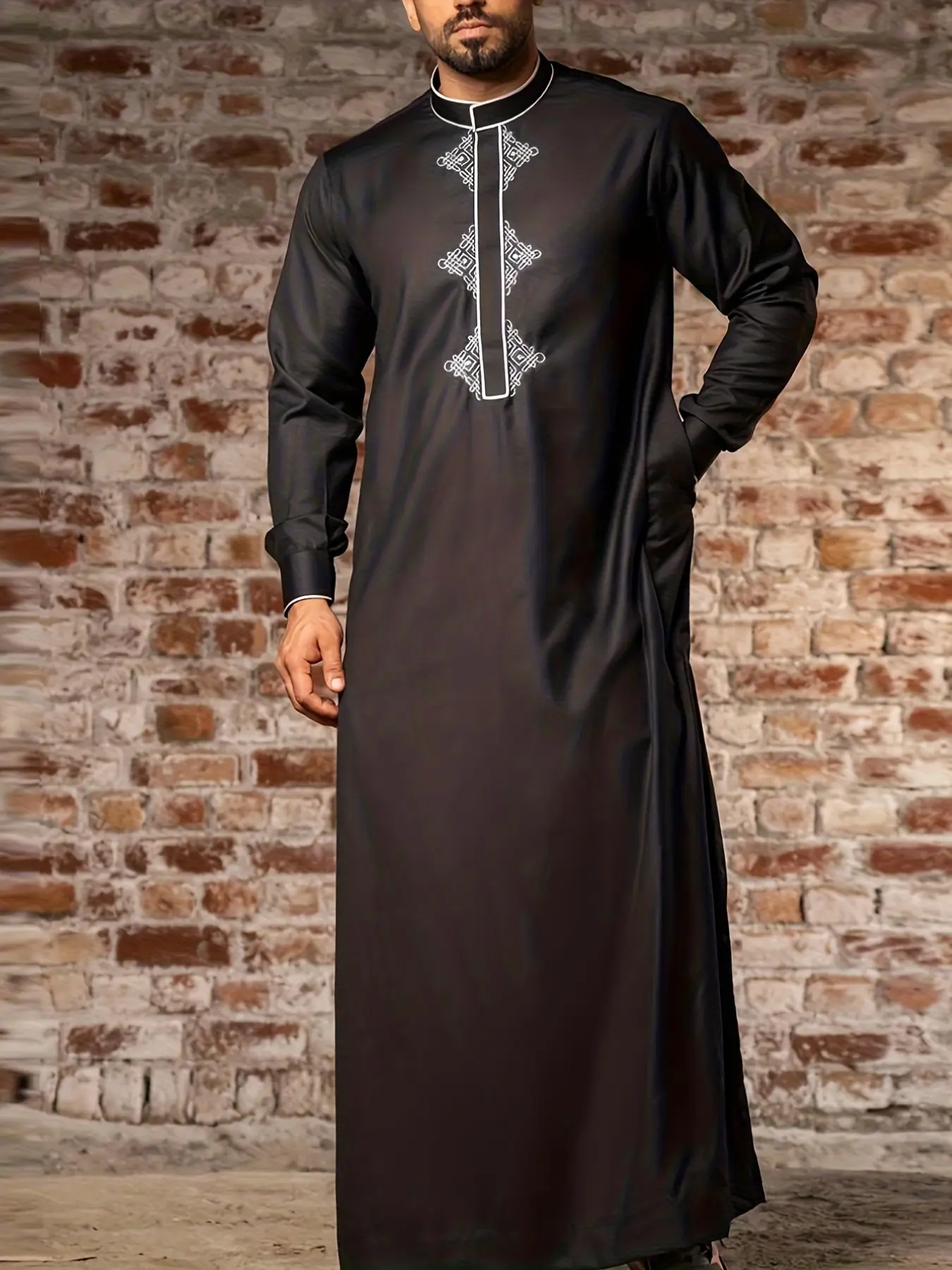 Men's Middle Eastern Traditional Robe, with Embroidery, Long Sleeve Stand Collar, Pocketed, Casual Muslim Arab Style, Eid Al-Fitr & Eid Al-Adha