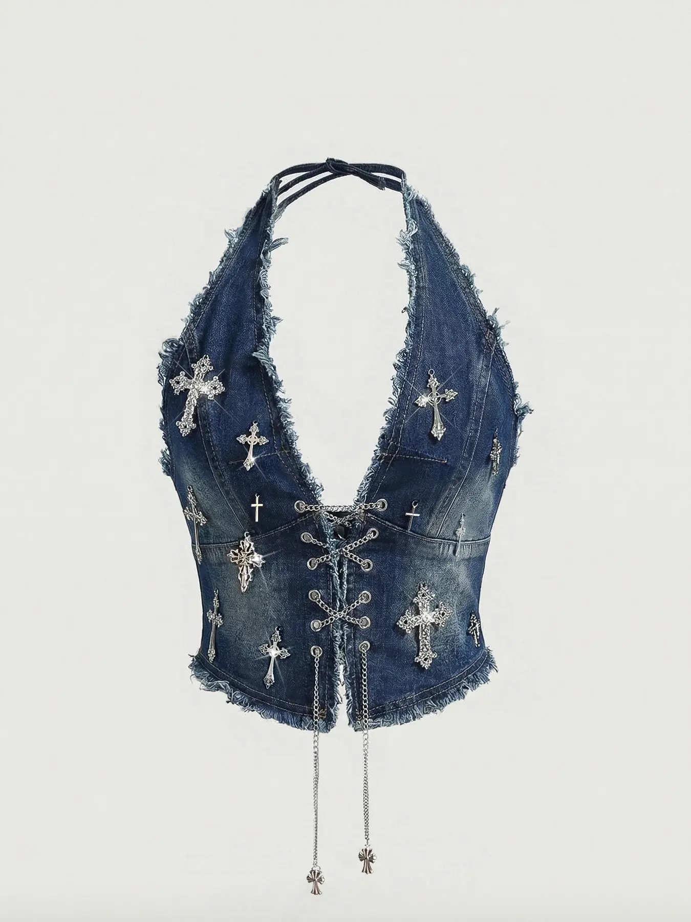 Women's Y2K Metal Cross Pendant Washed Vintage Slim Fit Denim Cami Tank Top, Goth Style Retro Design for Casual Wear