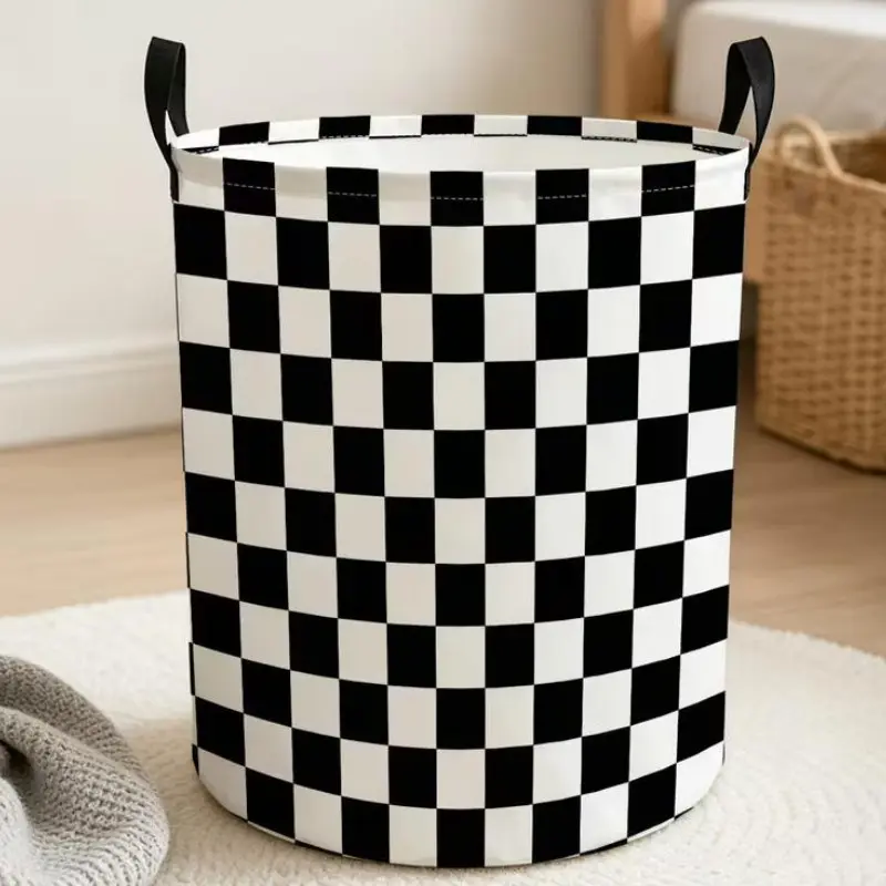 1pc, Classic Checkered Black And White Pattern Laundry Hamper, Stylish Black White Checkered Design, Clothes Basket, for Home Closet, Dorm Room Corner, Vintage Apartment Laundry Nook, for Busy Families, Budget Conscious Renters