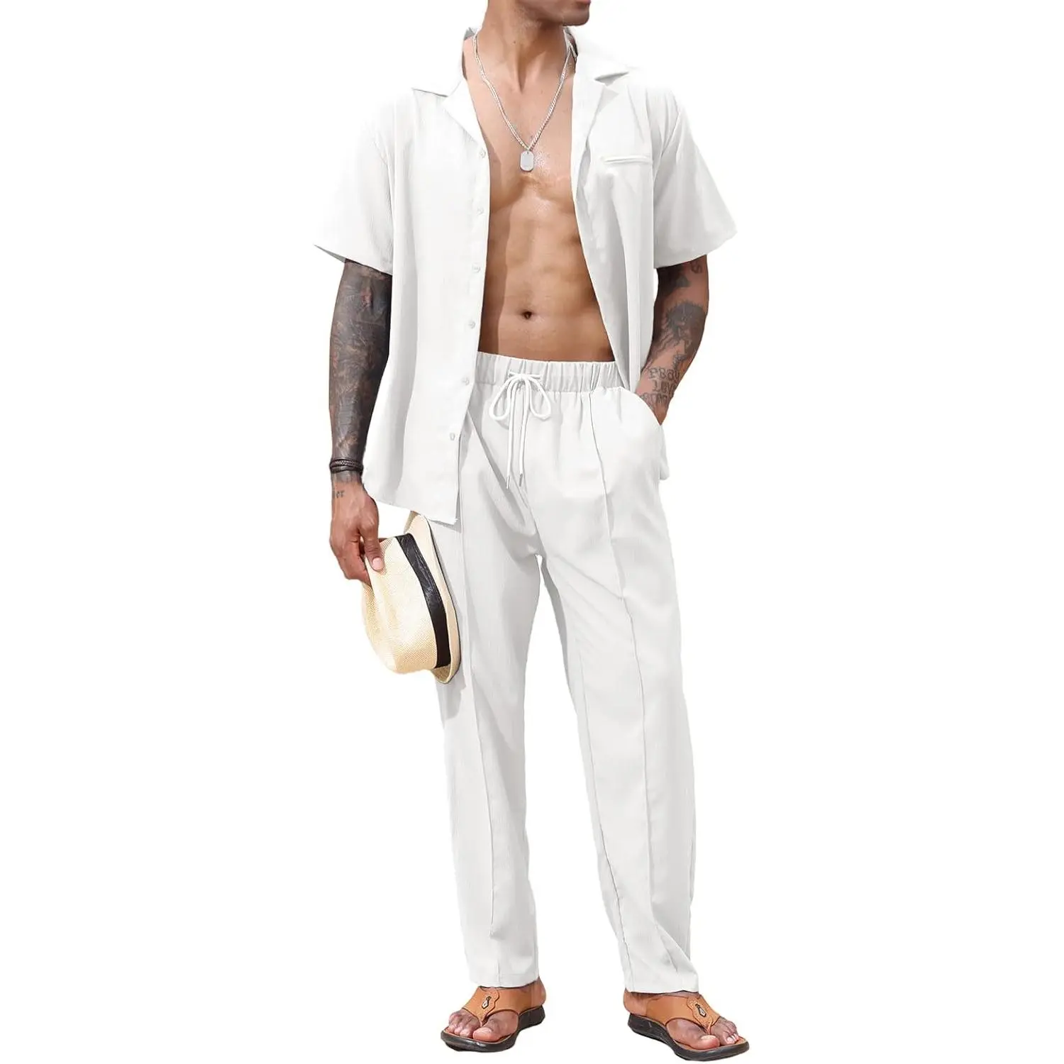 Men's 2 Piece Set, Casual Cuban Collar Shirt and Drawstring Pants, Soft Breathable Menswear Outfit with Pocket for Beach, Office, Fabric, Clothes