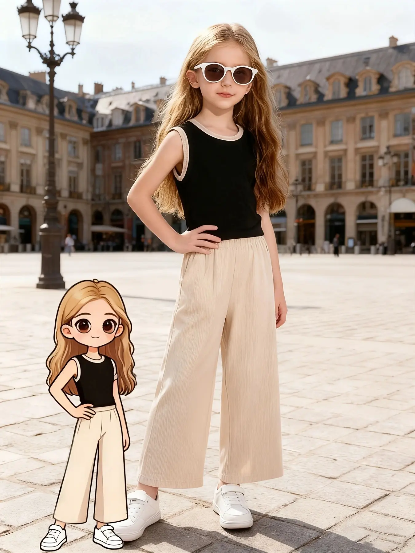 Girls' Fashion Summer Clothing Set, Base with Trim Tank Top + Textured Wide Leg Pants, Low Saturation Color Block, Casual Loose Fit