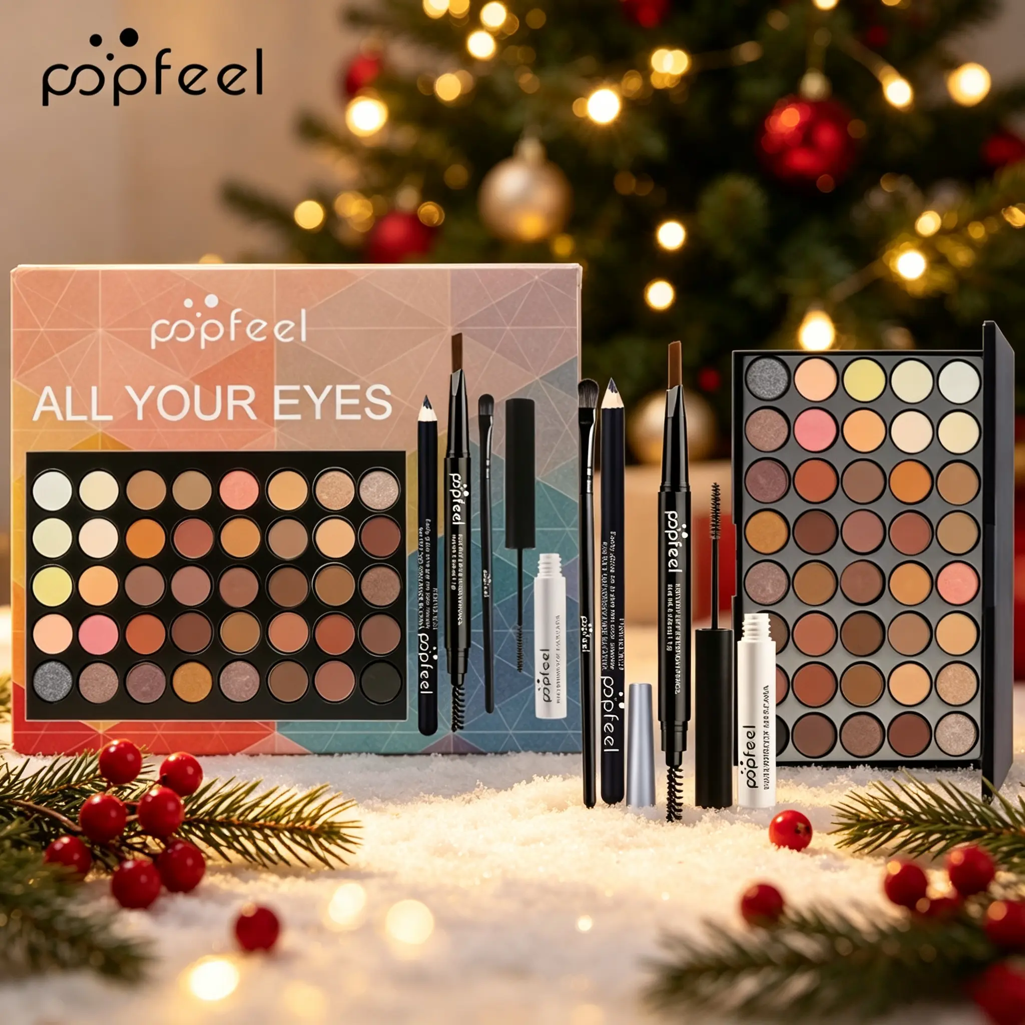 POPFEEL 5-piece complete eye makeup set, covering all your eye needs: eyeshadow palette, mascara, eyebrow pencil, and eyebrow brush. Smooth, blendable, and long-lasting, perfect for everyday and party looks.