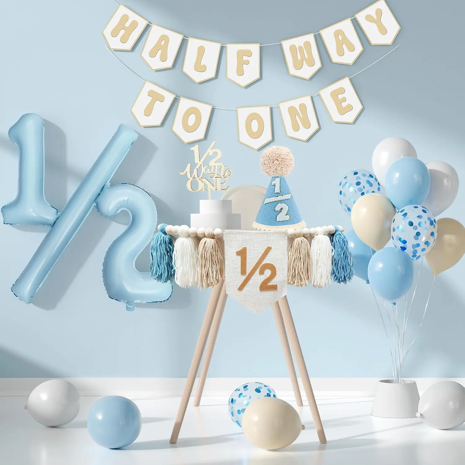 Half Birthday Decorations Boy, 1/2 Birthday Party Supplies, Half Way to One| with Banner, 1/2 Balloon, High Chair Banner, Crown, Cake Topper and Balloons