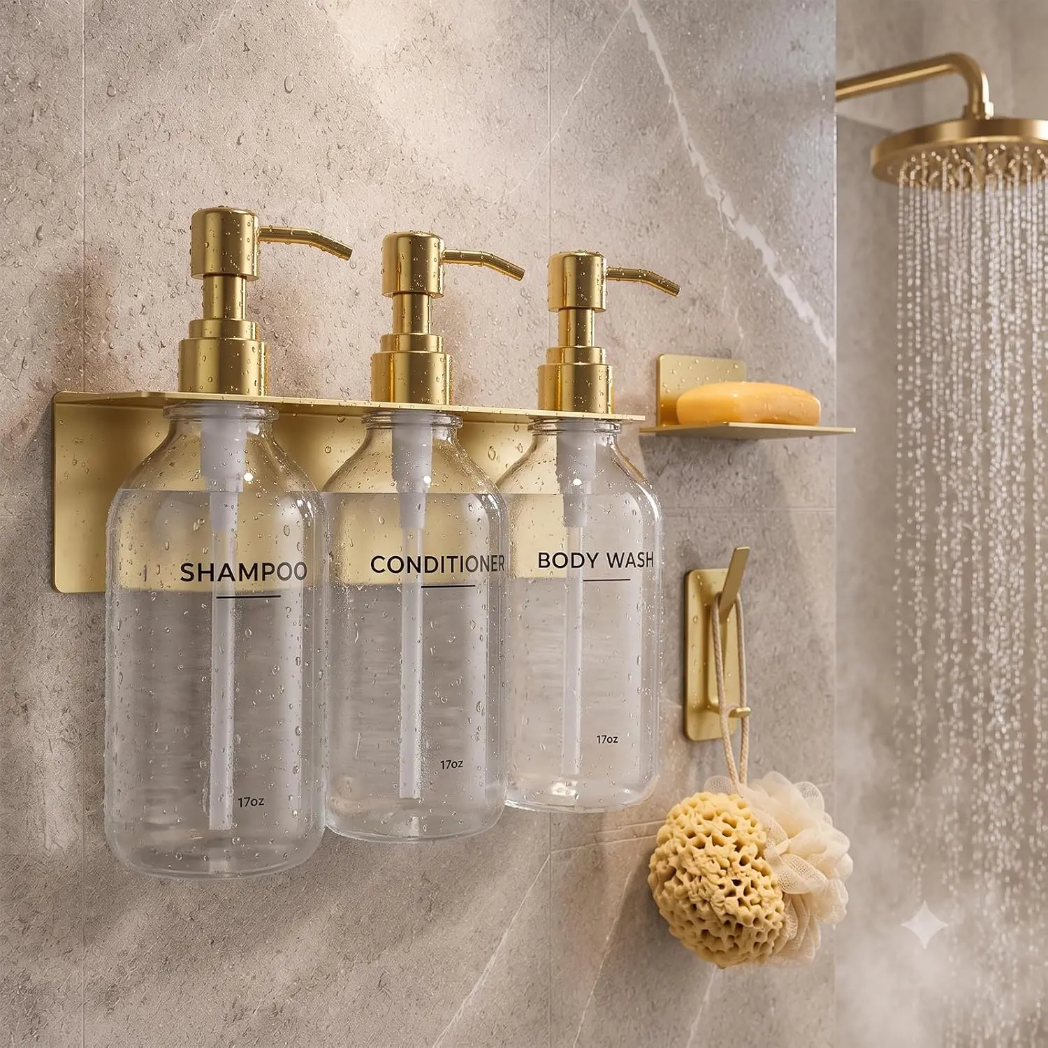 Wall Mounted Shower Soap Dispenser Set - Shampoo and Conditioner Dispenser, 17oz Refillable Shampoo Conditioner Body Wash, No-Organizer, Bonus Soap Dish & -Transparent