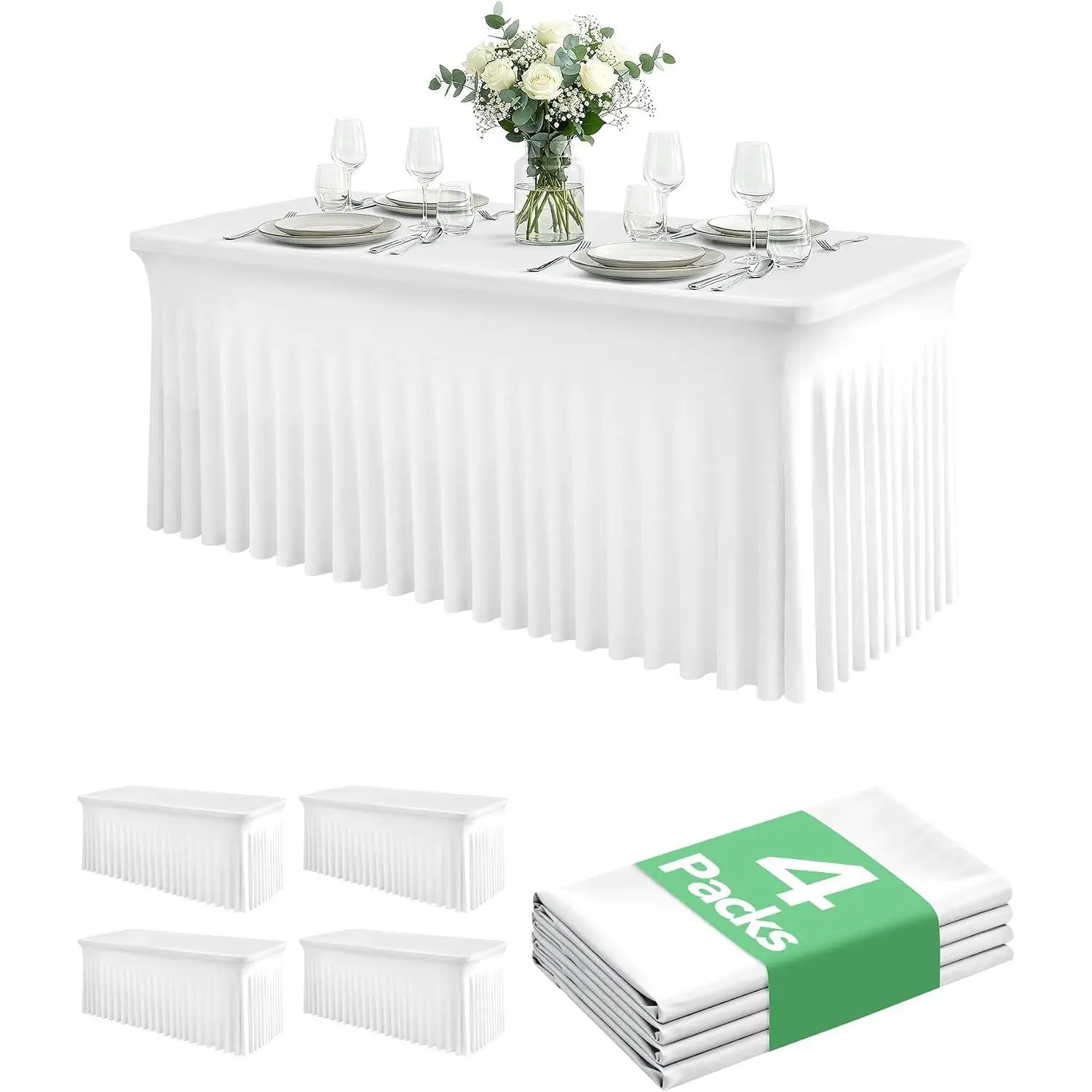 4 Pack Spandex Table Cover Skirts for 8ft Rectangle Tables, White Stretch Table Cloths with Floor-Length Ruffle, Elastic Fitted Skirted Tablecloth for Elegant Wedding Banquet Party Buffet Decoration