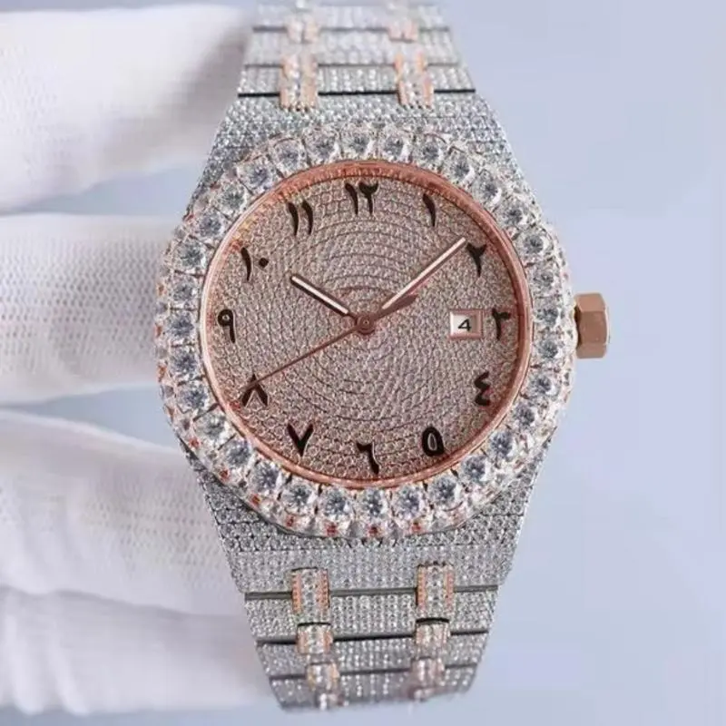 Full Iced quality wrist watch waterproof bling bling diamond style watch round face design with Arabic numerals.