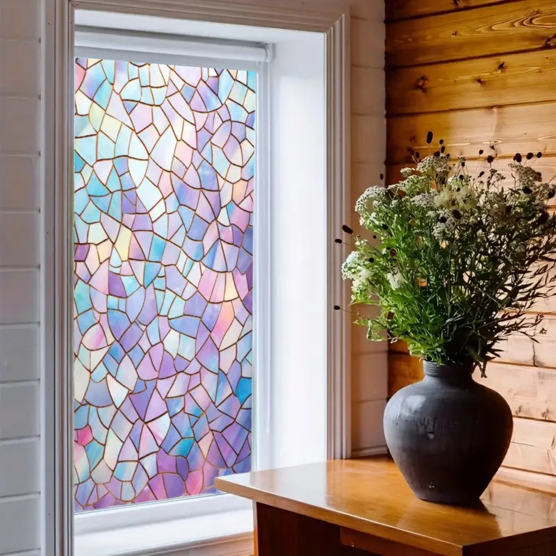 Stained Glass Window Privacy Film, Frosted Mosaic Glass Decal Non-Adhesive Static Cling, UV Blocking Decorative Window Covering for Home Bathroom Office, Window Clings for Glass Windows
