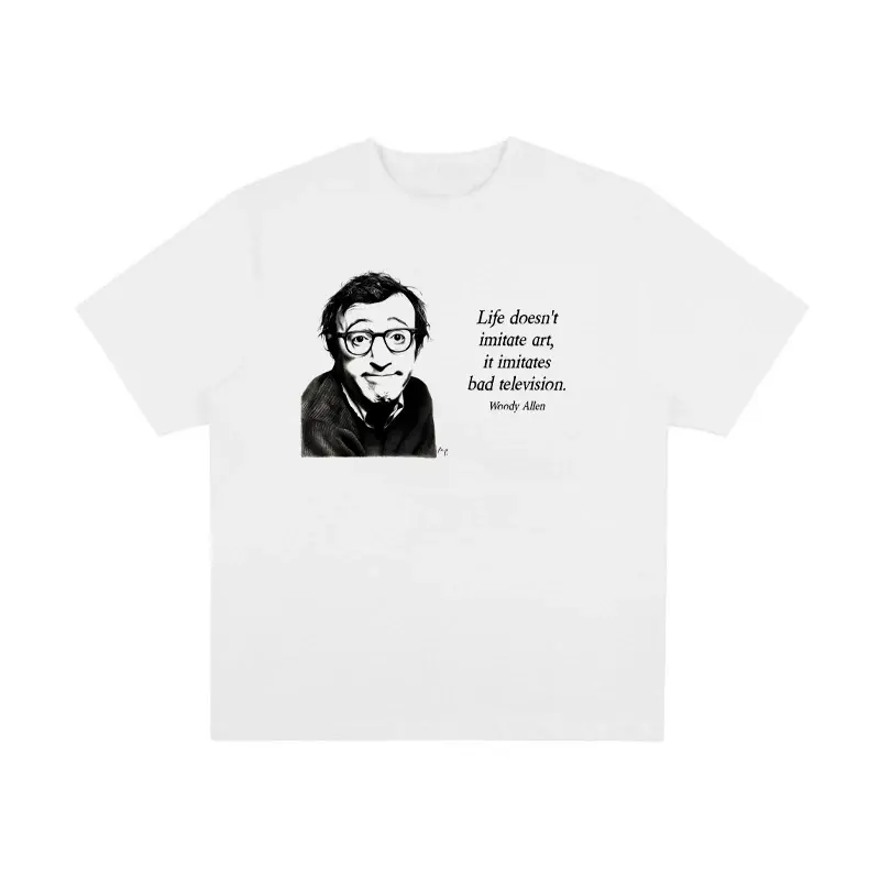 Menswear Allen Quote Graphic Print T-Shirt - Men's Short-Sleeve, Vintage White Heavyweight Cotton, Oversized Round Neck, Retro Intellectual Statement, Multi-Size Streetwear Casual Top