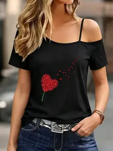 Women's Short Sleeve T-Shirt, Heart Dandelion Print, Asymmetrical Neck, Casual Style, Spring Summer Fashion