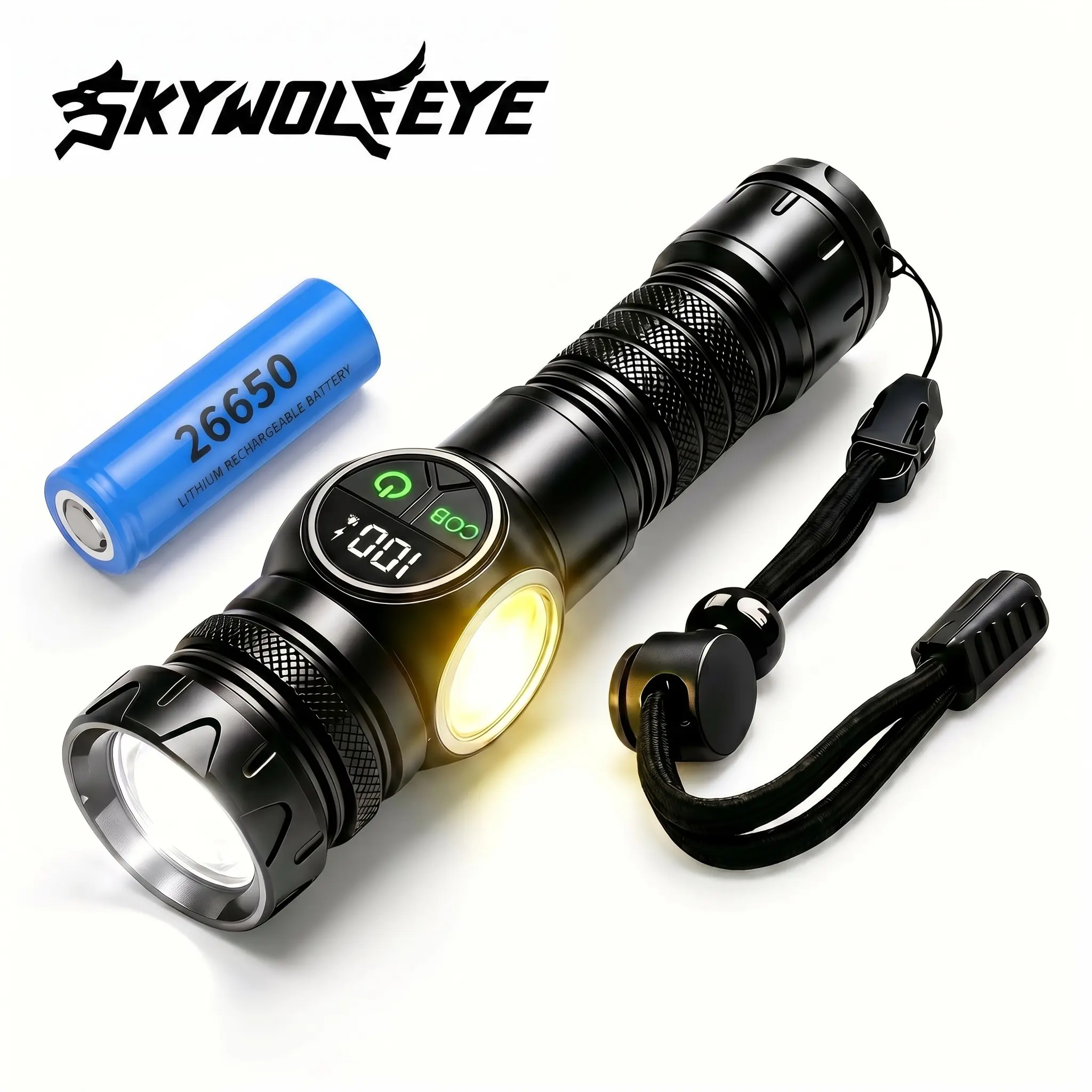 SKYWOLFEYE L780 High Power Flashlight Tactical Flashlight Rechargeable High-Lumen Flashlight Magnetic Work Light, Side COB LCD Display Power Bank Telescopic Zoom, Tactical Gear Camping Essentials Car Emergency Tool Outdoor Survival Tool
