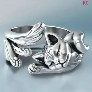Adjustable Open Sterling Silver Cat Ring, Vintage Cute Animal Style Statement Jewelry For Women Daily Party And Banquet Matching