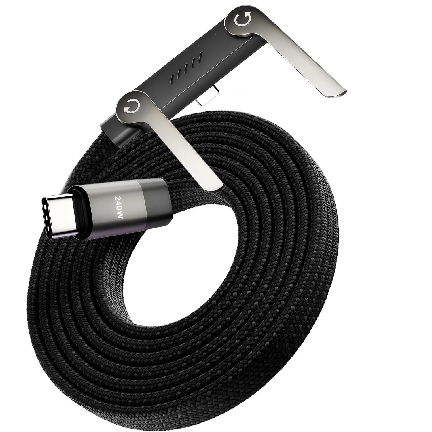 240w Super Fast Charging Data Cable, Foldable Phone Stand for iPhone 15-17 Android, Type C to C Braided 360° Rotating Charger Line