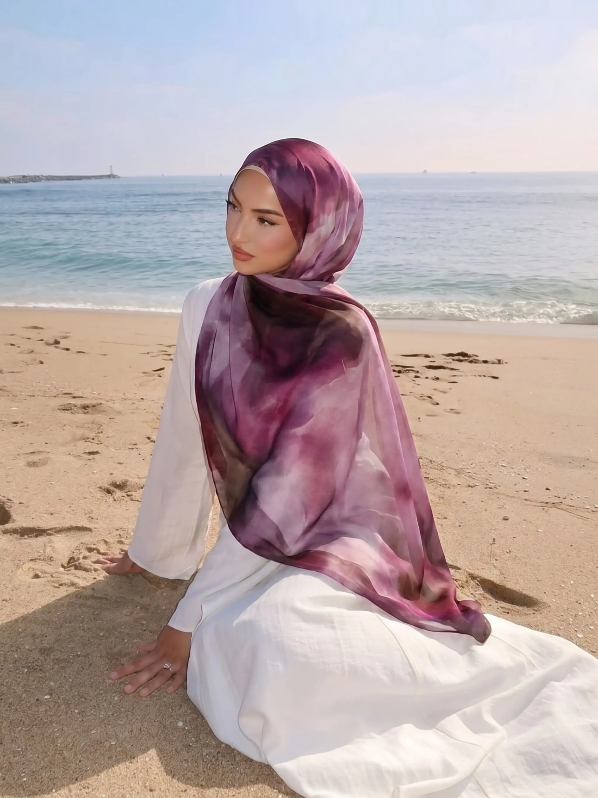 Gradient Watercolor Chiffon Muslim Long Headscarf, Lightweight Breathable Print Hijab, Soft Vacation Sun Protection Shawl