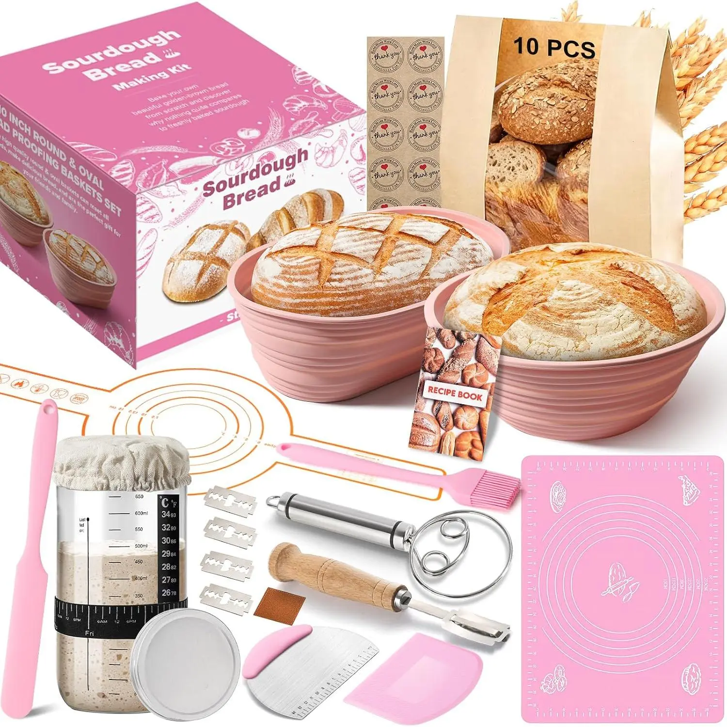 Sourdough Starter Kit, 15 count Sour Dough Bread Baking Supplies for Beginners with 24 Oz Glass Starter Jar, Complete Bread Making Set with  Banneton Proofing Basket, Baking Accessory