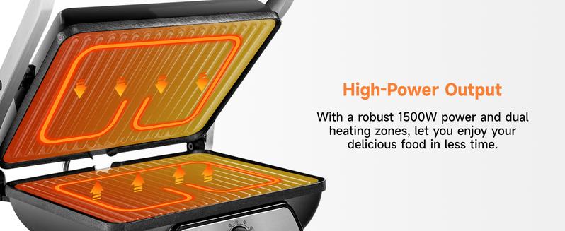 SUSTEAS Compact Indoor Grill – Features a non-stick surface, 180° adjustable lid for even heat distribution, and space-saving foldable design. Perfect for meats, veggies, and quick meals.