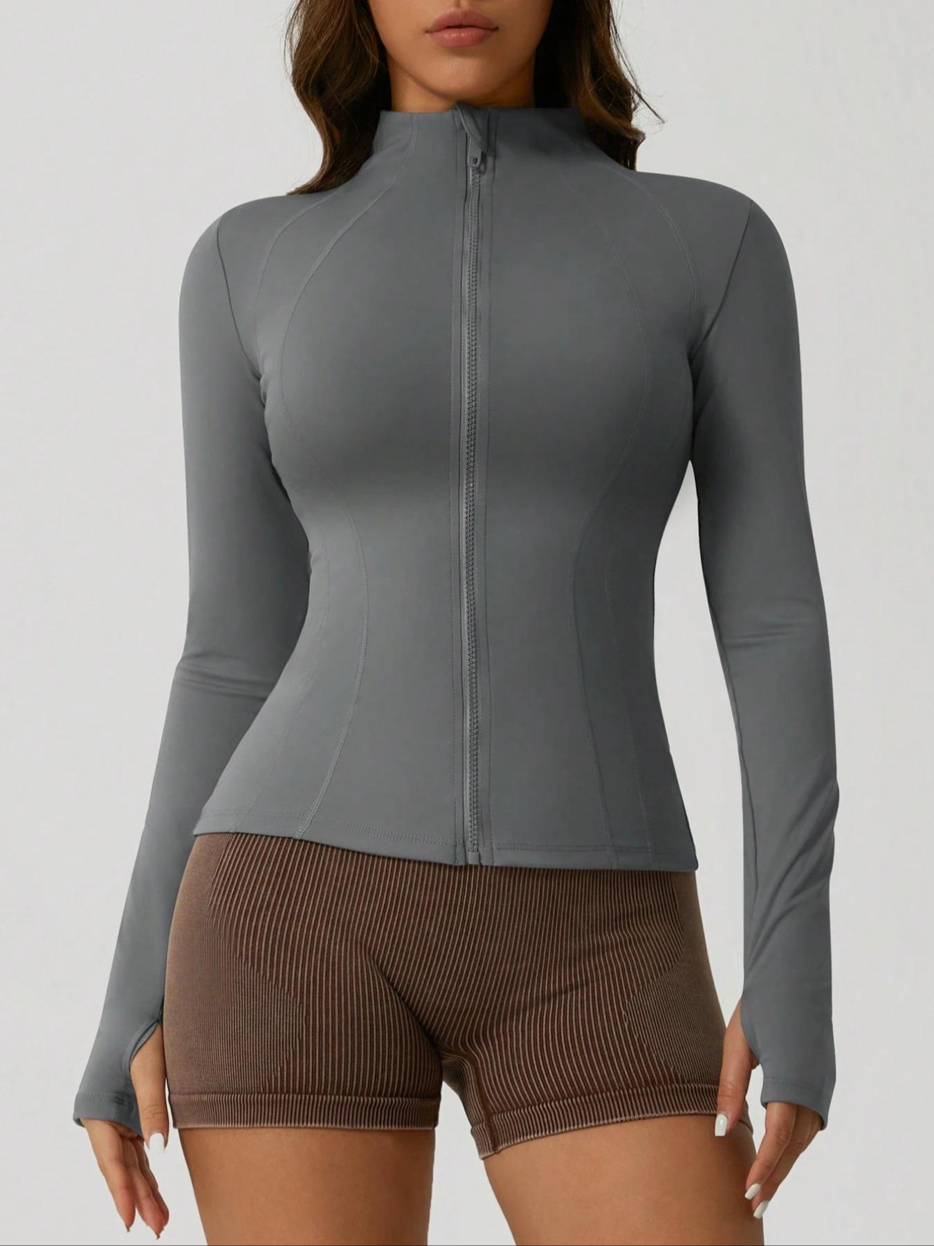 Women's Solid Zip Up Sports Jacket, Lightweight Sports Jacket, Sporty Thumb Hole Long Sleeve Outerwear for Gym Workout Running, Ladies Sportswear for All Seasons, Modern and Comfortable