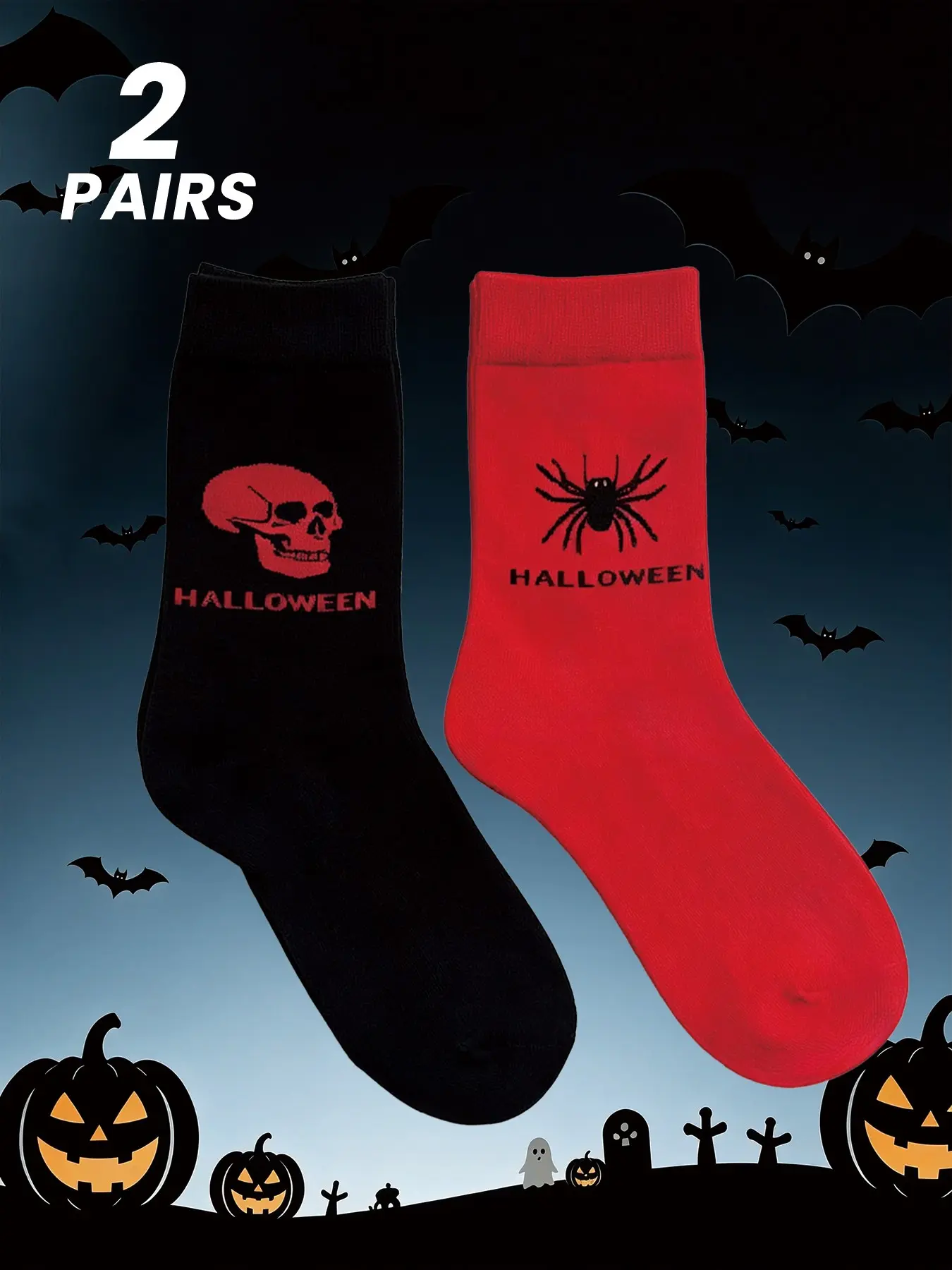 2 Pairs Halloween Cool Crew Socks, Colorblock Design, Gothic Skull Pattern, Unisex Party Wear, Comfortable All-Season Footwear, Perfect Gift Idea for Men and Women
