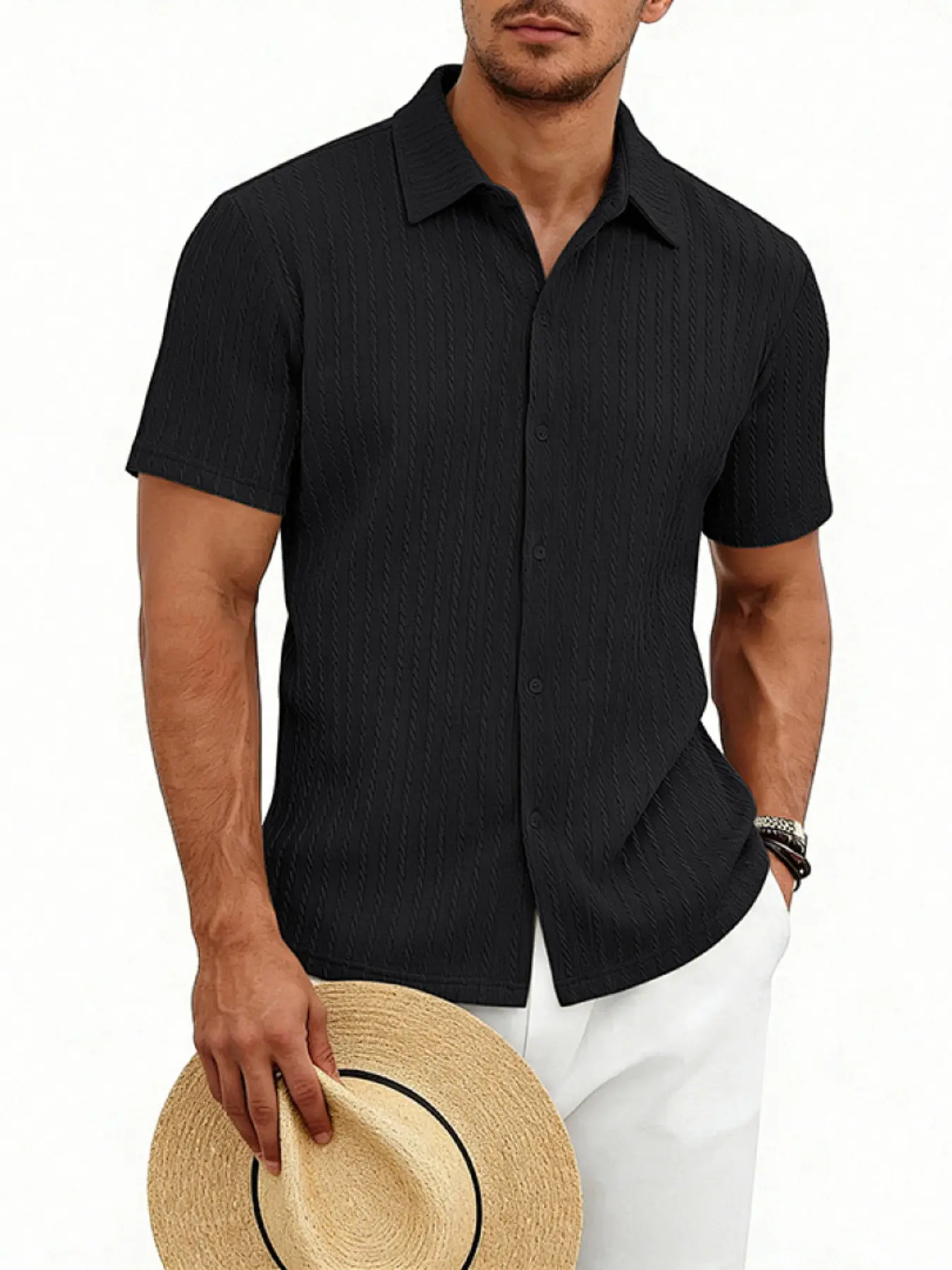 Men's Summer Textured Hawaiian Vacation Commute Simple Casual Notch Lapel Short Sleeve Knit Shirt, Stylish and Comfortable Design