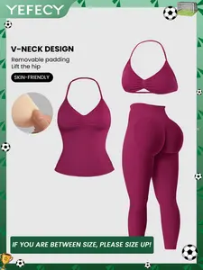 Women's Halter Top + Sports Bra + High Waist Tight Pants 3 Piece Set, Detachable Pads, Butt Lifting, Abdominal Support, Yoga Fitness Daily Wear