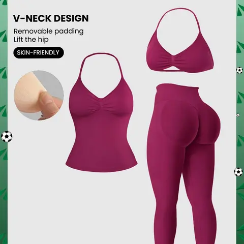 Women's Halter Top + Sports Bra + High Waist Tight Pants 3 Piece Set, Sportswear Set, Detachable Pads, Butt Lifting, Abdominal Support, Yoga Fitness Daily Wear, Exercise Clothing Set