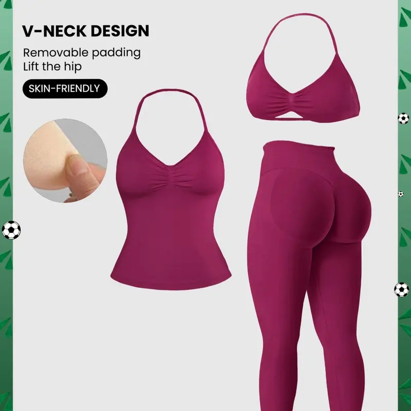 Women's Halter Top + Sports Bra + High Waist Tight Pants 3 Piece Set, Sportswear Set, Detachable Pads, Butt Lifting, Abdominal Support, Yoga Fitness Daily Wear, Exercise Clothing Set