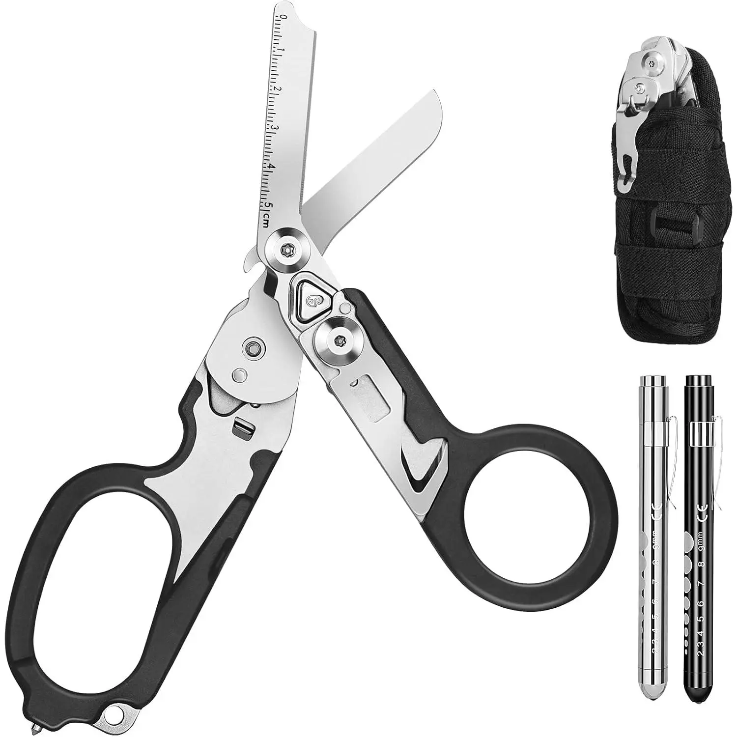 6-Inch Stainless Steel Foldable Multifunction Emergency Response Shears with Grip Handle, Strap Holster, Glass Breaker and Penlight