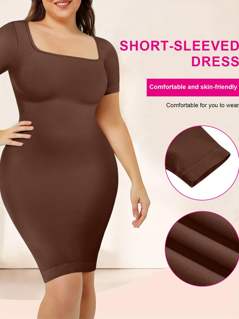 Women's High Elastic Bodycon Dress Short Sleeve Mid-Length Shapewear, Casual Slim Fit Skirt for All Seasons, Kardashian Style