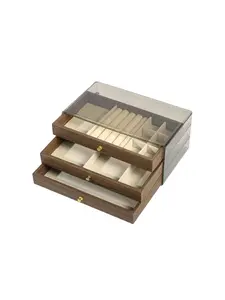 Walnut Wood Texture Three-Tier Drawer Jewelry Organizer, Ring Earring Necklace Bracelet Storage Box, Dust-Proof Accessory Case