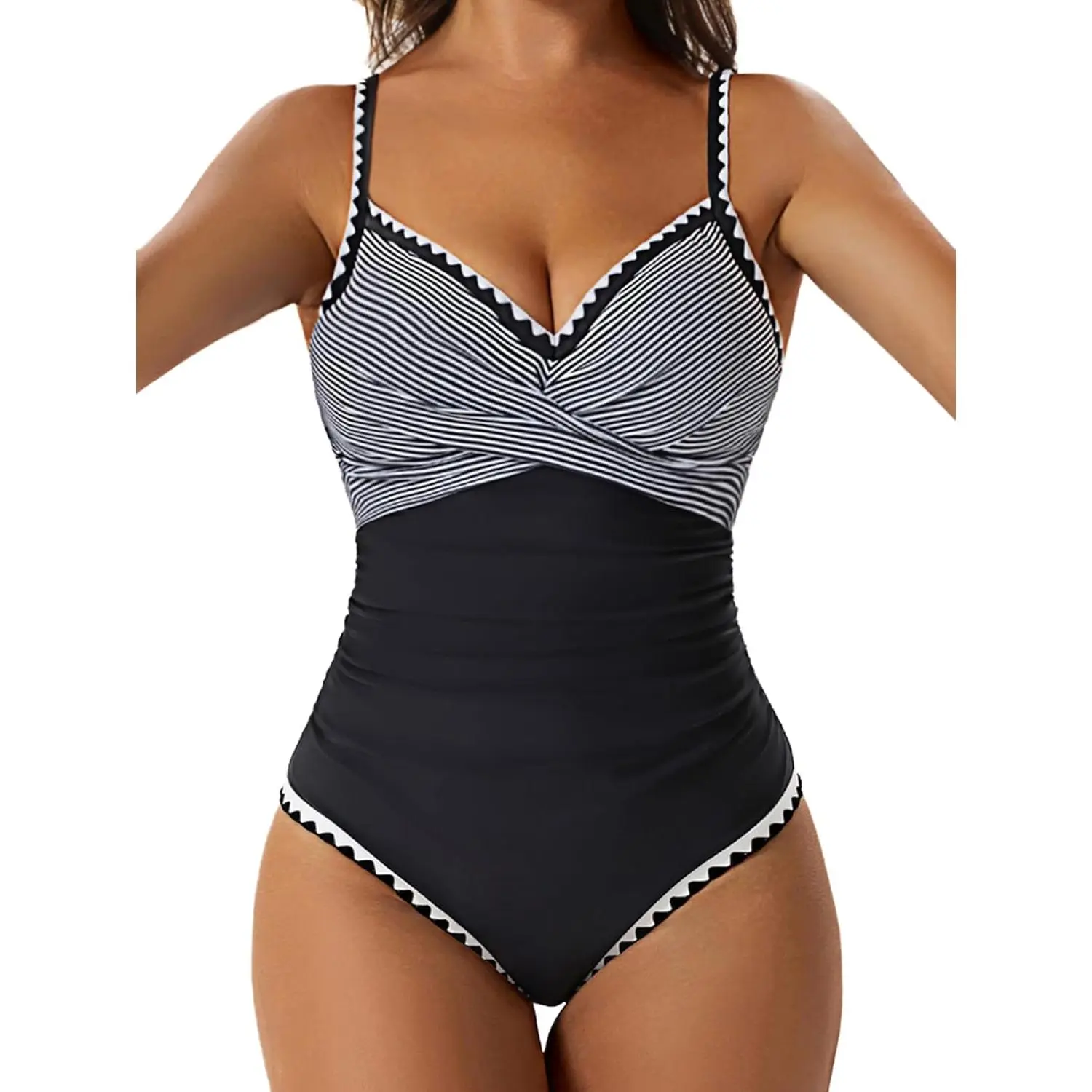 Women's One Piece Swimsuits Tummy Control V Neck Bathing Suit Tie Back Push Up Swim Suit Shell Stitched Swimwear