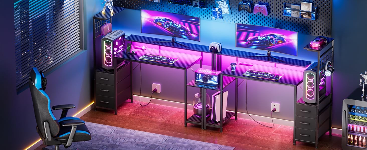 48 Inch Gaming Desk with LED Lights & Power Outlets,Computer Desk with Fabric Drawers & Side Hook,Reversible Gamer Table with Monitor Stand for Game Room,Home Office,Carbon Fiber Black