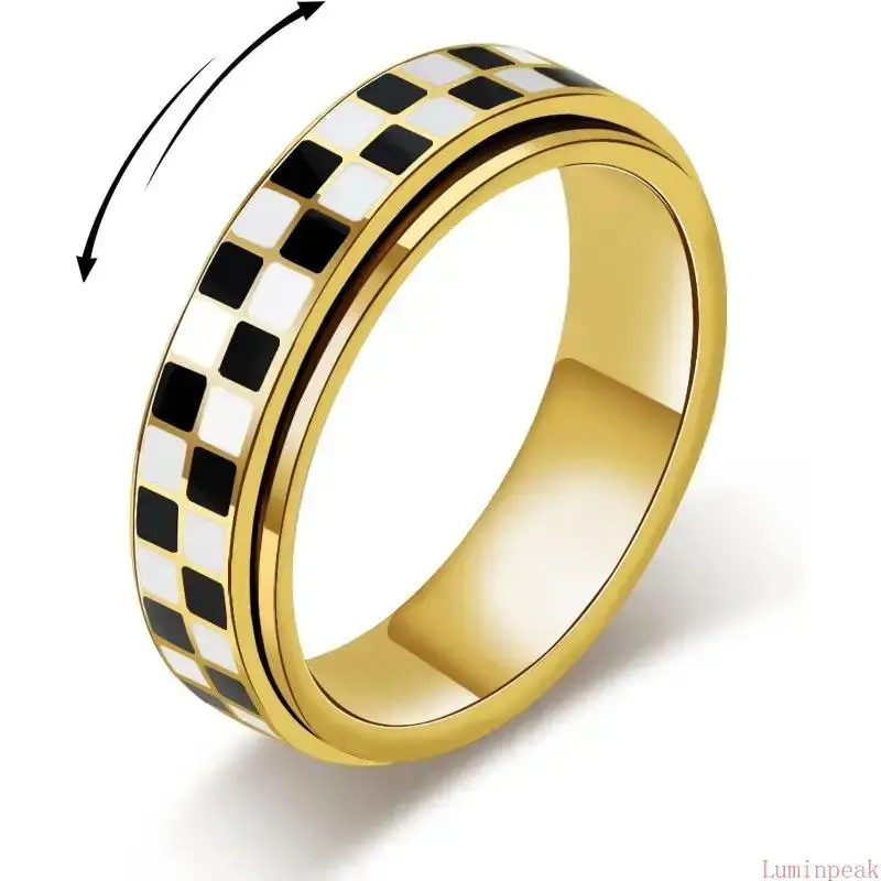 Novelty unisex spinner ring with classic black and white checkered pattern, made of durable 18K gold-plated stainless steel, flexible rotating design, trendy costume jewelry for adult daily wear
