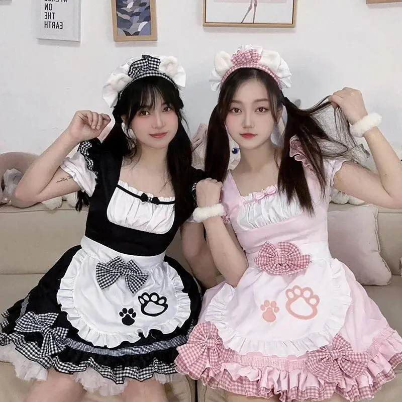 Costumes de cosplay de femme  jupe de fille chat anime   blanche et rose, tenues de serveuse avec tablier pour fête de carnaval
