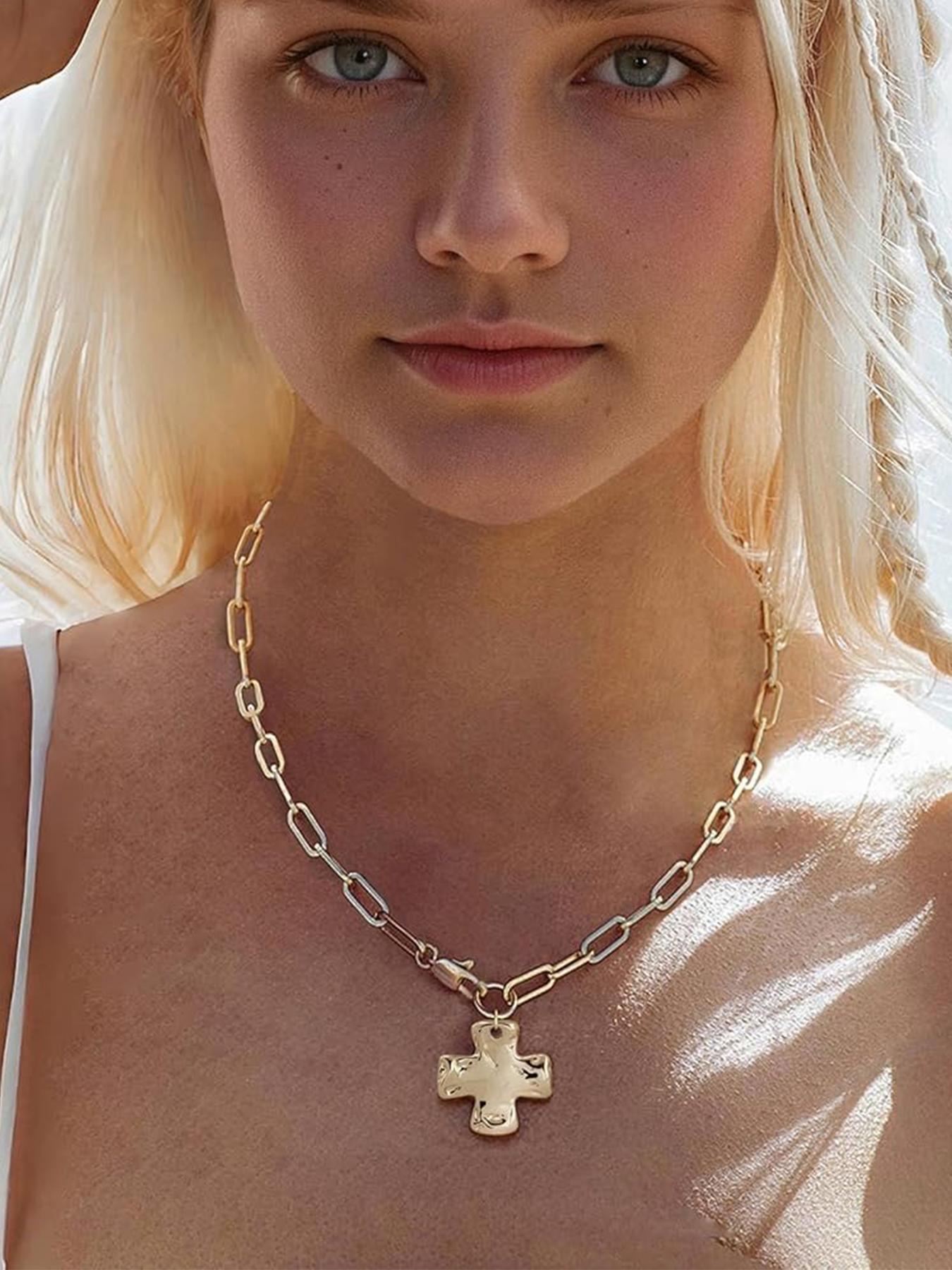 Chunky Cross Necklace for Women Trendy Gold Silver Layered Statement Cross Chain Design Pendant Charm Necklace Vintage Paperclip Herringbone Snake Choker Chain Costume Jewelry Set Gift Non Tarnish