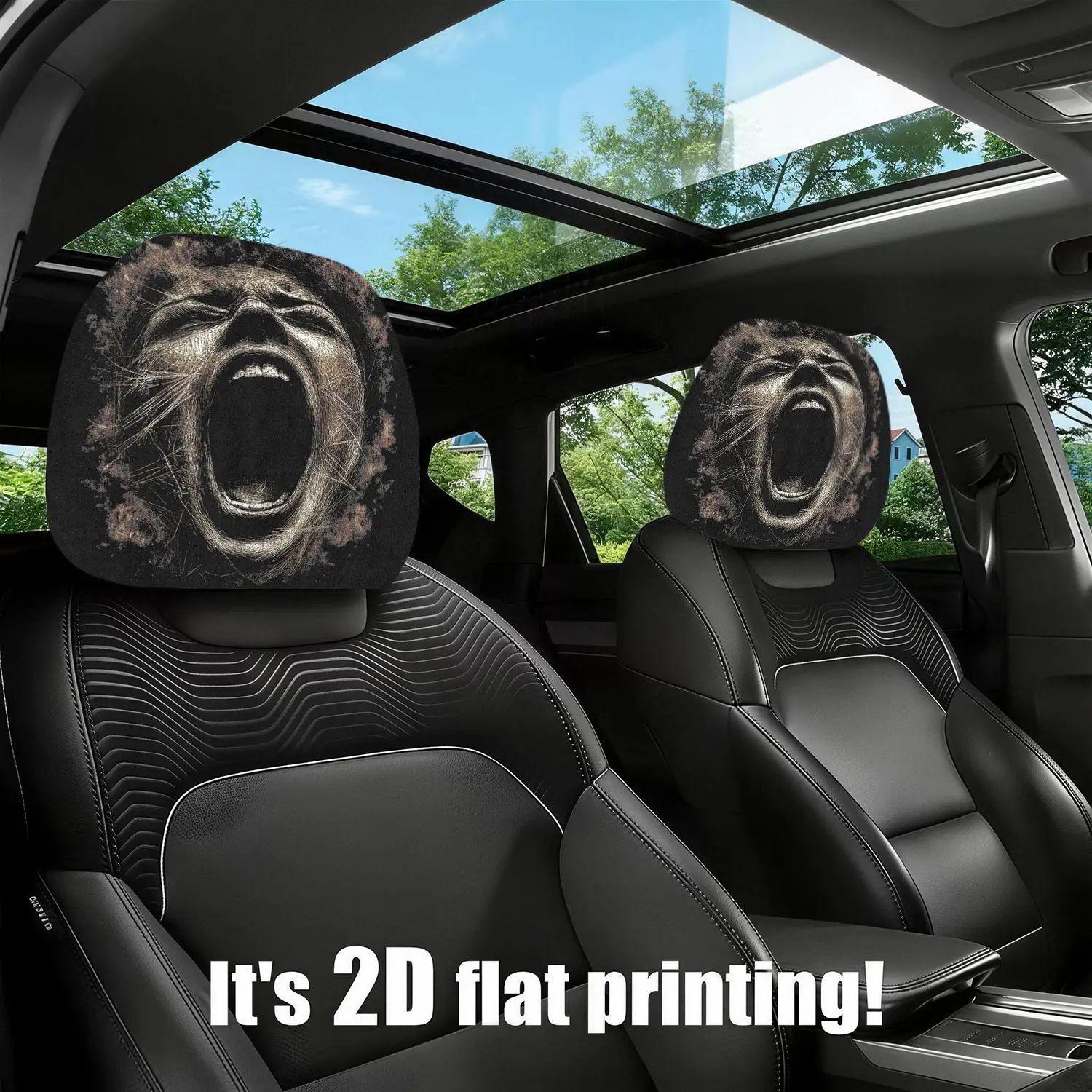 2PCS Modern Grunge Style Screaming Face Print Car Headrest Covers, Universal Automotive Interior Decor Accessories For Seasons And Vehicles, Easy To Install Daily Travel Essentials, Trendy Car Decorations