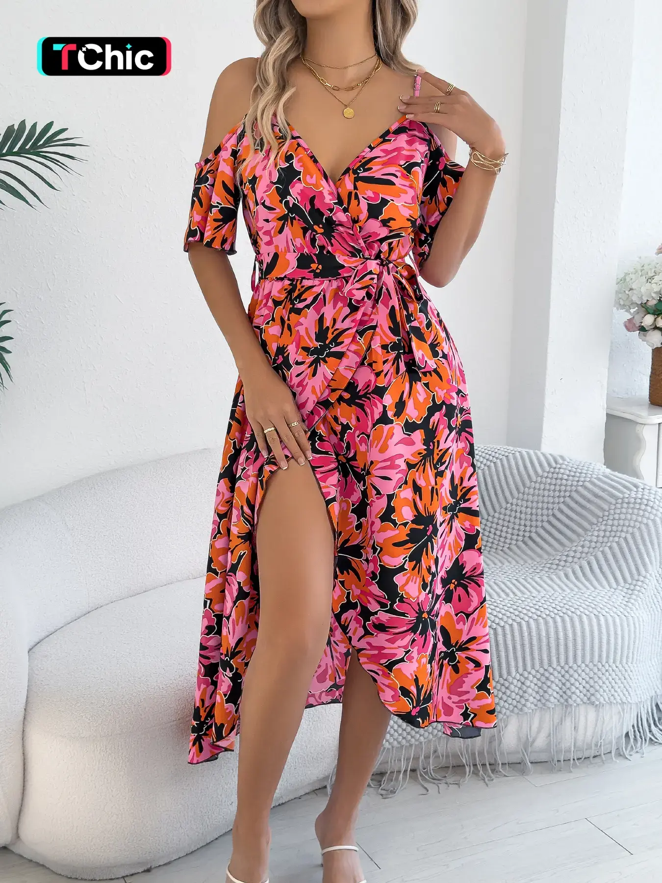 Spring Summer Casual Bohemian Boho Sundresses Fitted Halter Short Sleeve off Shoulder Irregular Floral Print Long Dress with Waistband Belt for Women Womenswear Casual Chic Dress