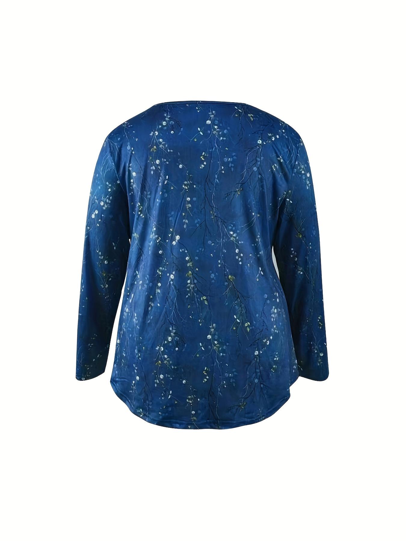 Plus Size Casual T-shirt, Women's Plus Floral Print Button Up Ruched Long Sleeve V Neck Medium Stretch T-shirt