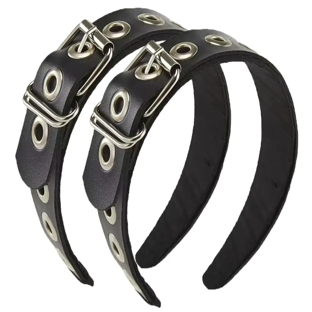 Gothic Punk Style Metal Buckle Headband for Women, Belt design Black Leather Headband, 2- Set Hair Accessories