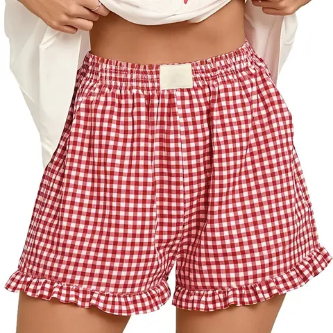 Women's Gingham Short Pants, Casual Loose-Fit Elastic Waist, Comfortable Breathable Pockets, Y2K Style Sleepwear, Versatile H-Type Shorts