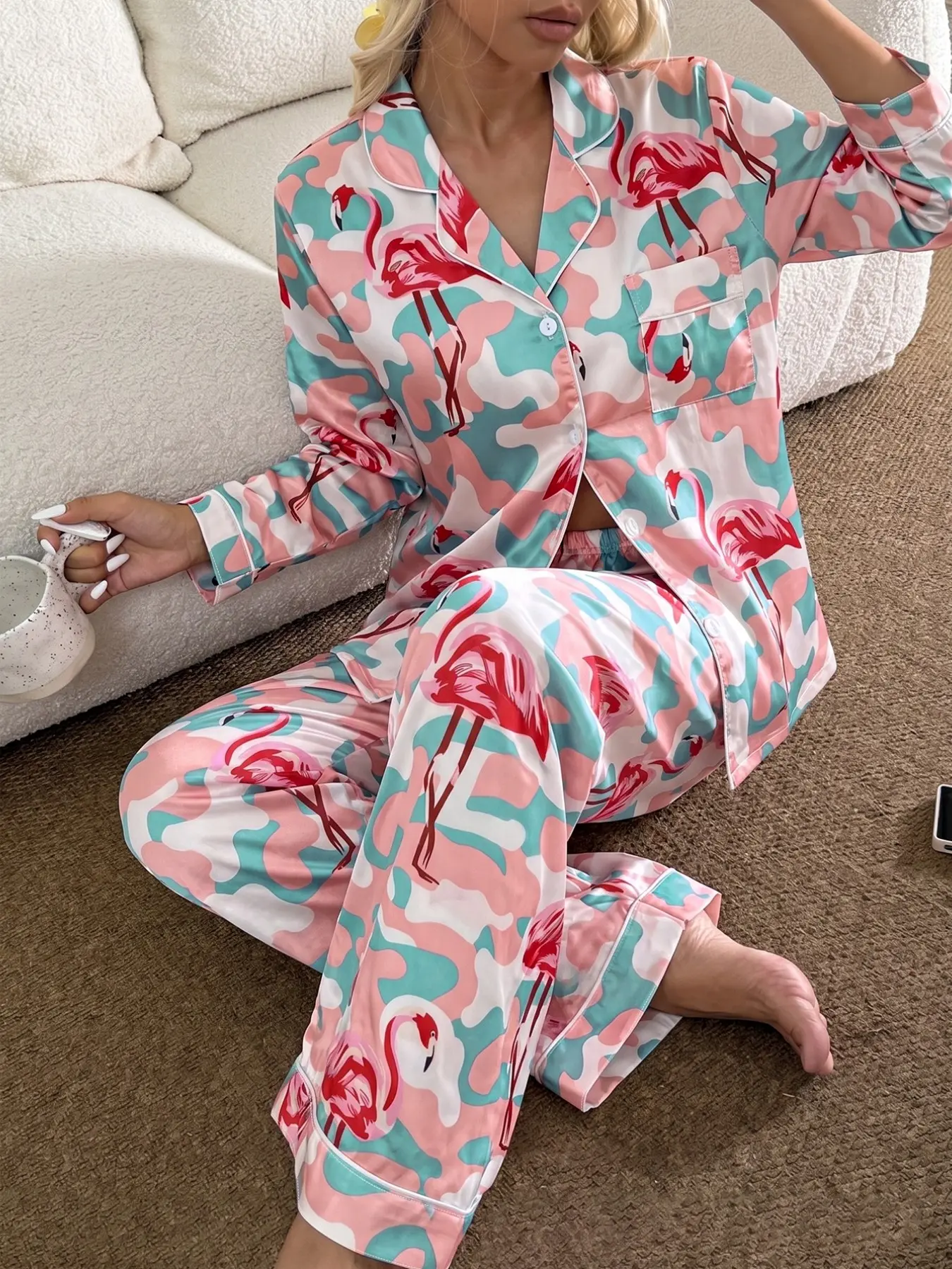 Women's Camo Flamingo Print Pajama Set, Long Sleeve Button-Down Top & Loose Pants, Breathable Fall Winter Sleepwear & Loungewear
