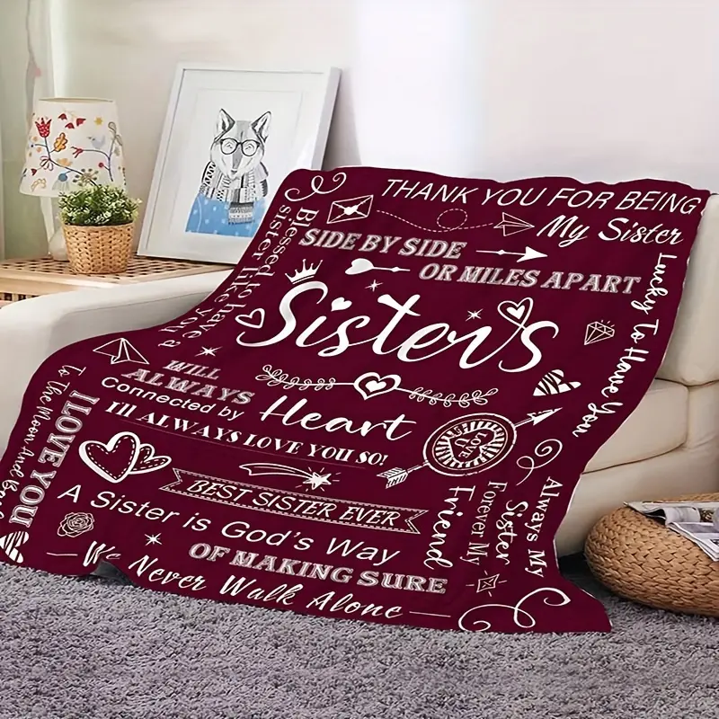 Reversible Maroon Polyester Flannel Throw Blanket - Soft, Cozy, All-Over Inspirational Messages, Machine Washable, All-Seasons Home Decor - Heartfelt Sister's Birthday/Christmas Gift for Couch, Bed