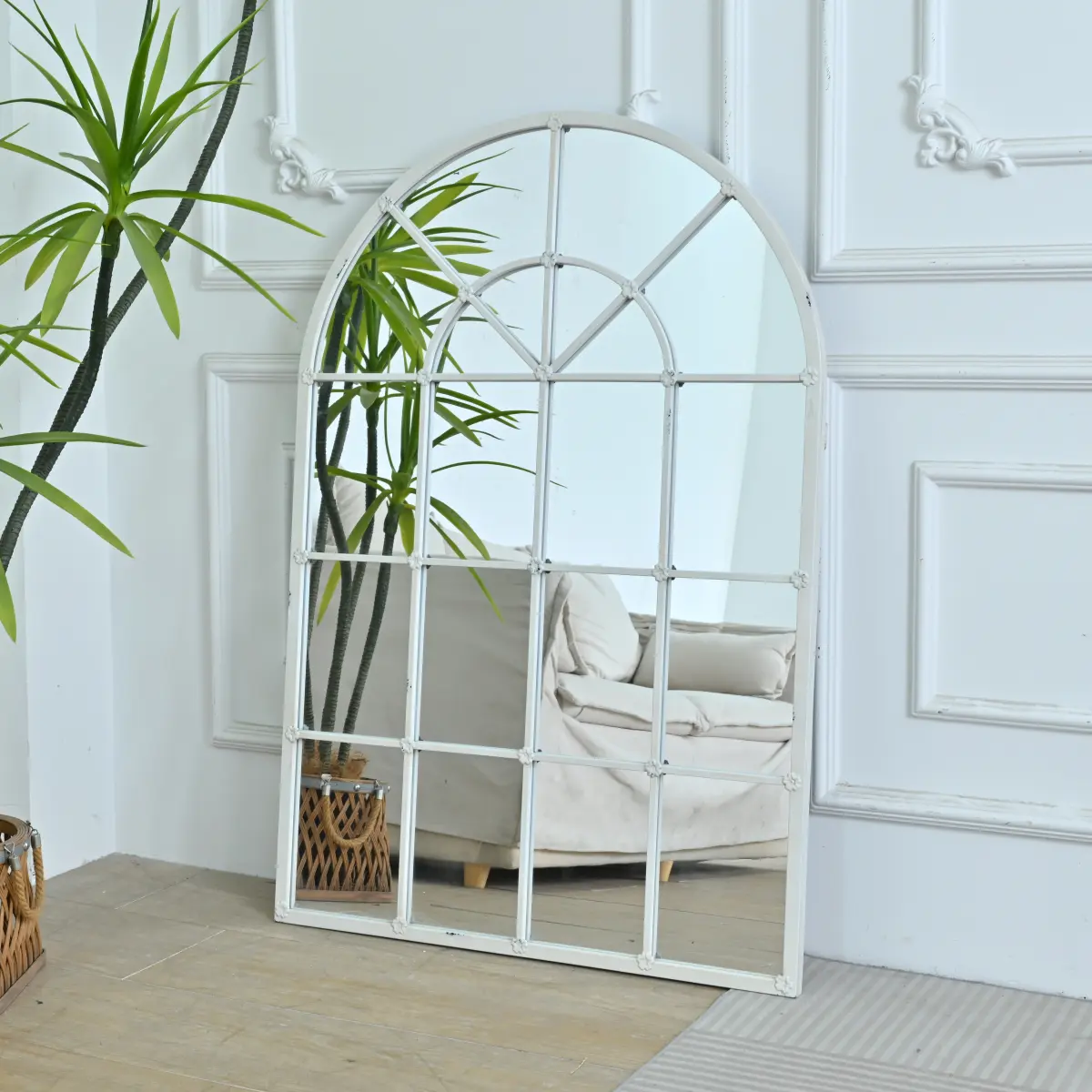 31.89"W x 46.46"L Handmade Distressed White Arched Metal Mirror , Rustic Windows Design Metal Mirror for Entryway/Fireplace/Living Room/Hallway/Bathroom   WL