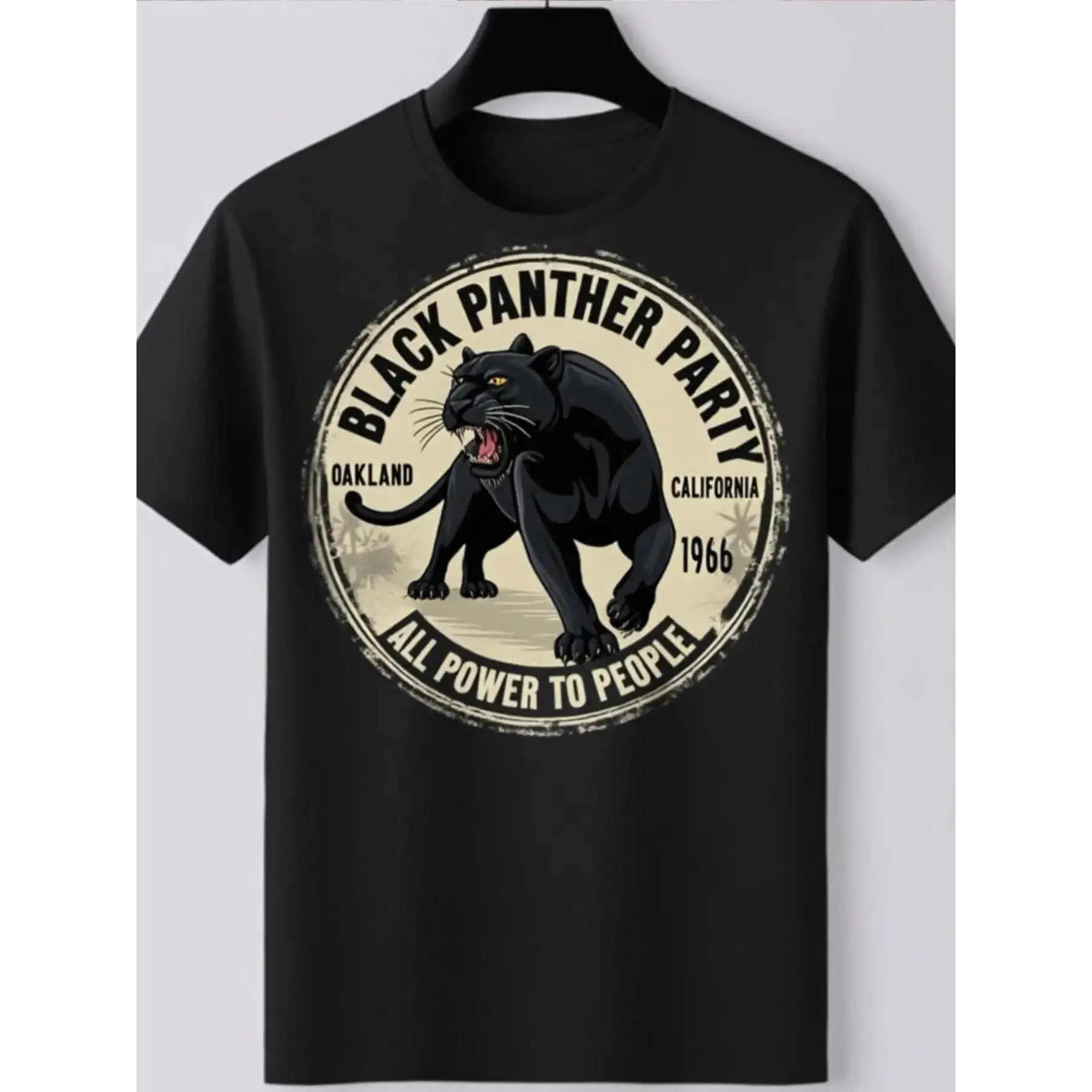 1pc Fashion  Pure Round Neck Short Sleeved Shirt, Soft&Breathable Fabric Tee, Black Panther Party Oakland California 1966 All Power To People Printed T-shirt, Summer T-shirt, Easter And Mother'S Day Gifts, Streetwear