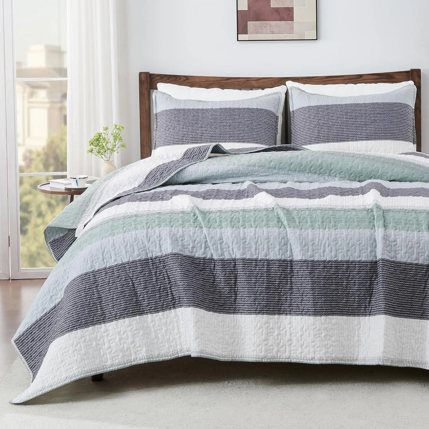 Quilt Set Sage Green, 3 Pieces Soft Bedspreads & Coverlets Set Mint Green Lightweight Patchwork Striped Quilted All Seasons Bedding Sets (1 Quilt, 2 Pillow Shams)
