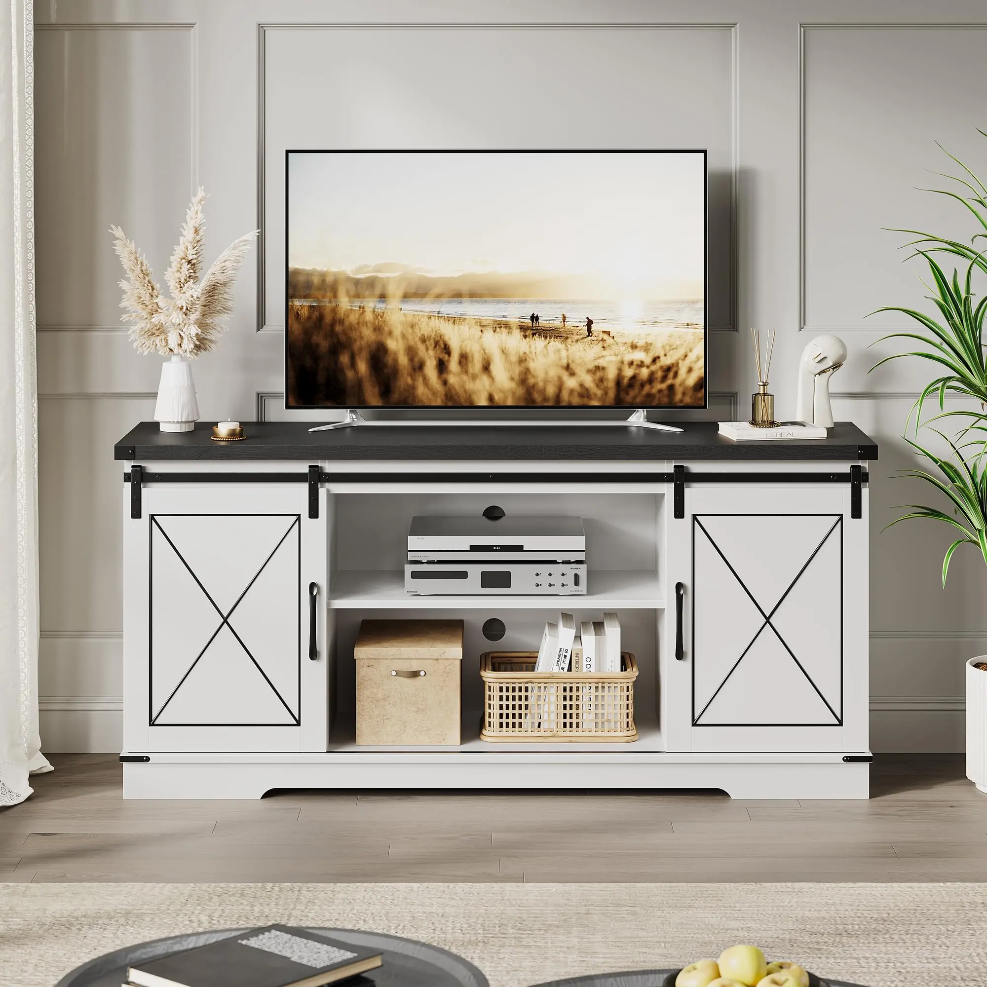 Garvee 59 Inch Farmhouse Media Console with Sliding Barn Doors, Adjustable Shelves, Cable Management, and Storage for Living Room and Bedroom in White, Fits Up to 65 Inch Screens